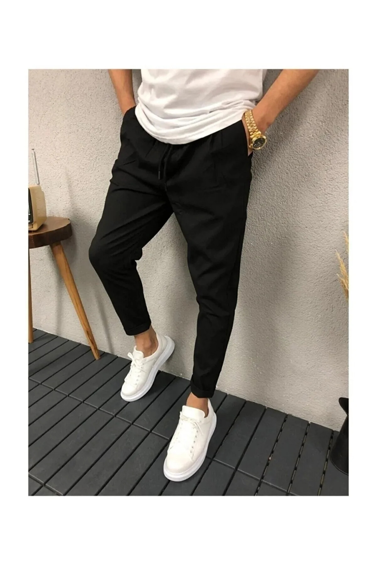 Muške Pantalone Uskog Kroja - Dvostruki Rub Crne Boje Jogger Pantalone